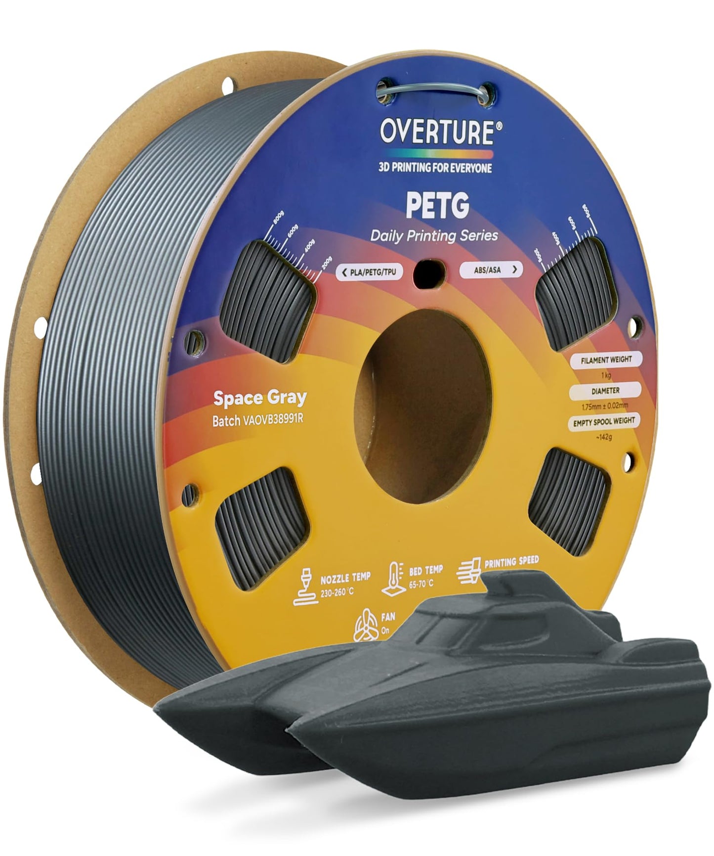 OVERTURE PETG 3D Printer Filament 1.75mm, Neatly Wound Durable PETG 1kg Spool (2.2lbs), Strong Toughness Filament, Dimensional Accuracy +/- 0.02mm, Fit Most FDM Printers (Black (1-Pack))