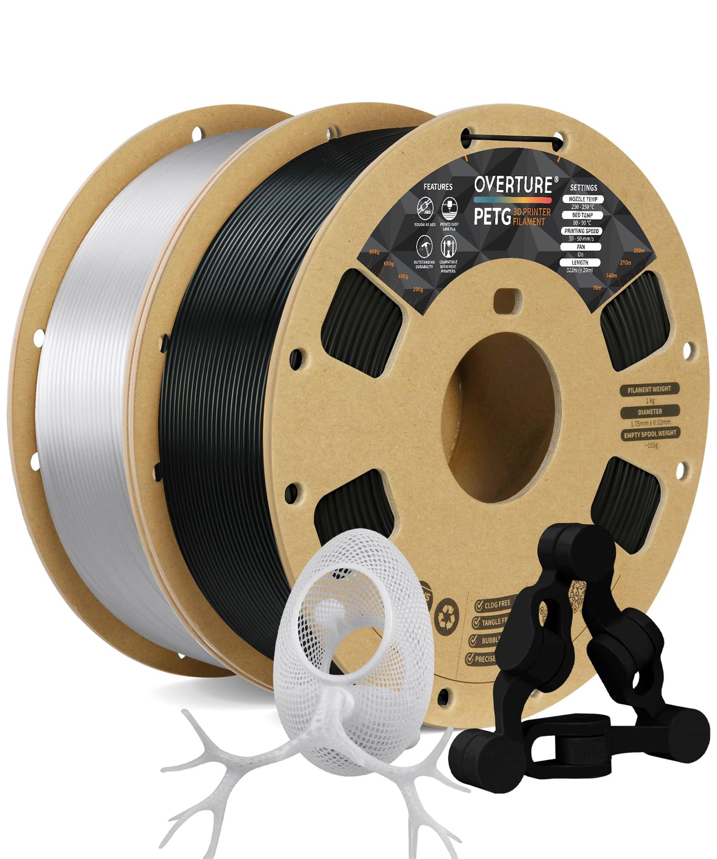 OVERTURE PETG 3D Printer Filament 1.75mm, Neatly Wound Durable PETG 1kg Spool (2.2lbs), Strong Toughness Filament, Dimensional Accuracy +/- 0.02mm, Fit Most FDM Printers (Black (1-Pack))
