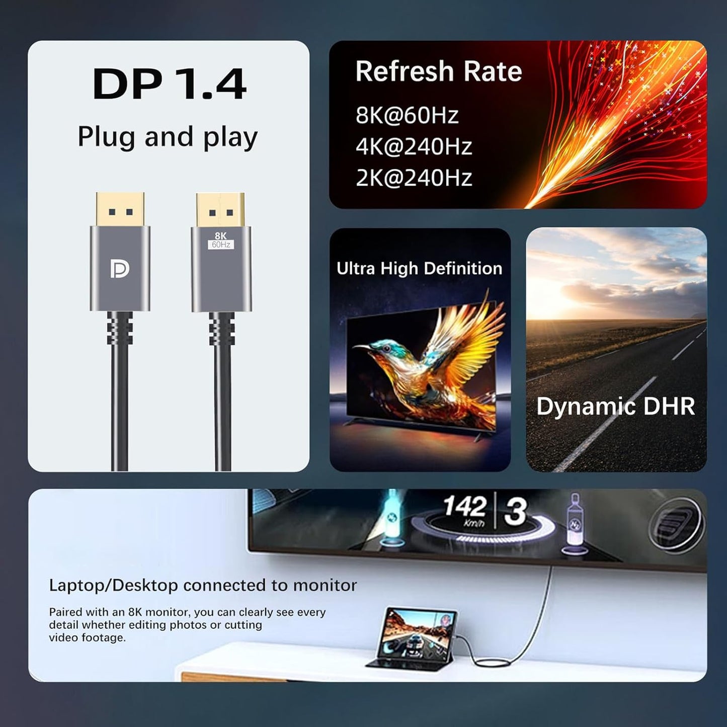 DisplayPort Cable 1.4,8K DP Cable 6.6ft (8K@60Hz, 4K@240Hz, 2K@1800Hz) HBR3 Support 32.4Gbps, HDR, Braided Display Port for Gaming Monitor, Graphics, PC (2M)