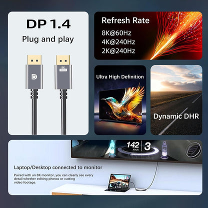 DisplayPort Cable 1.4,8K DP Cable 6.6ft (8K@60Hz, 4K@240Hz, 2K@1800Hz) HBR3 Support 32.4Gbps, HDR, Braided Display Port for Gaming Monitor, Graphics, PC (2M)