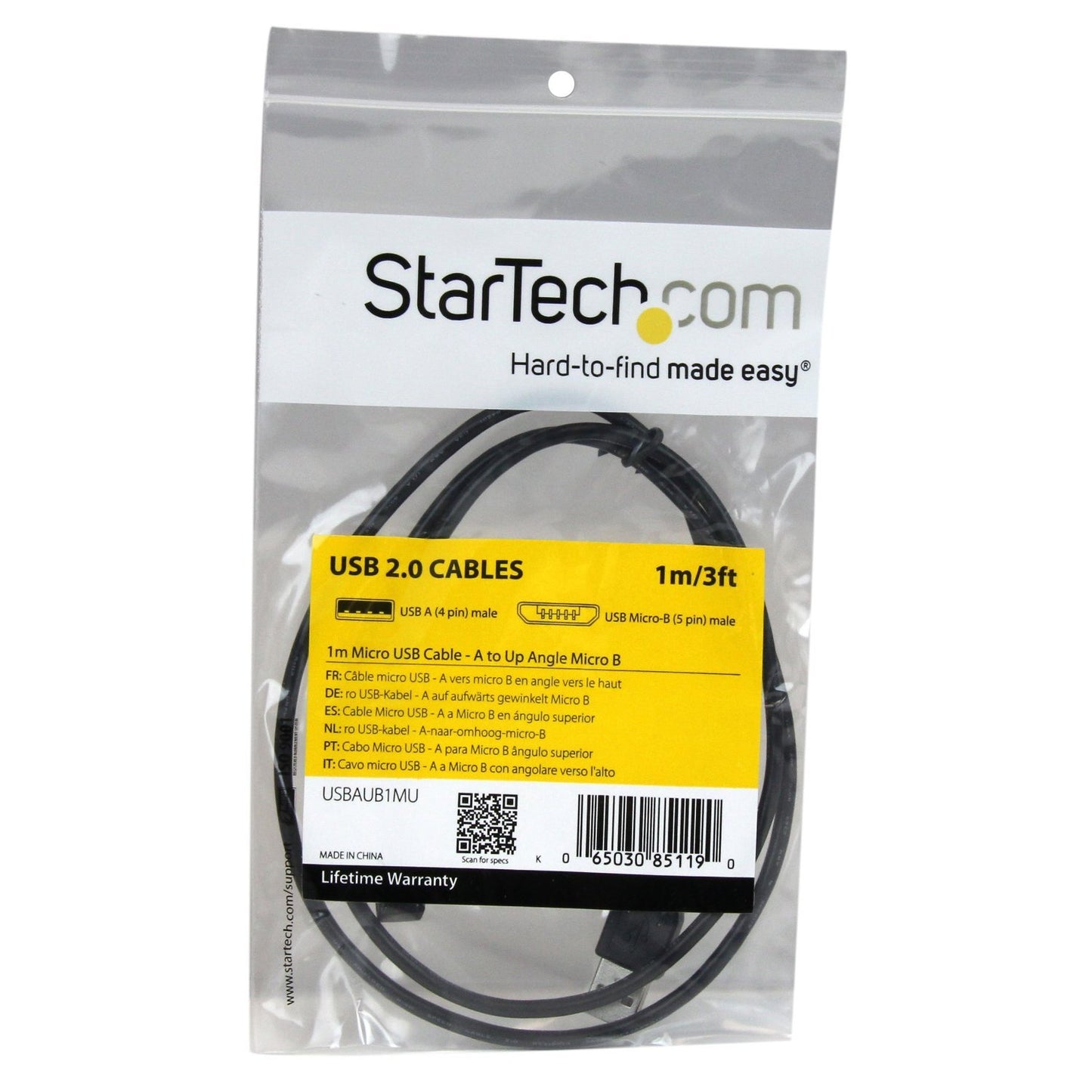 StarTech.com 1m Micro USB Cable Cord - A to Up Angle Micro B - Up Angled Micro USB Cable - 1x USB A (M), 1x USB Micro B (M) - Black (USBAUB1MU)