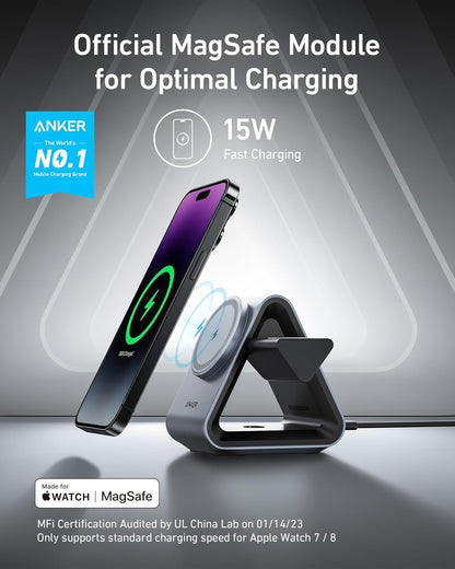 Anker MagSafe Charger Stand, 737 MagGo Charger, 3-in-1 Charging Stand with MFi-Certified 15W Max Fast Charging, iPhone 15/14/13/12 Series, Apple Watch S8/7/6, AirPods, 30W USB-C Adapter Included