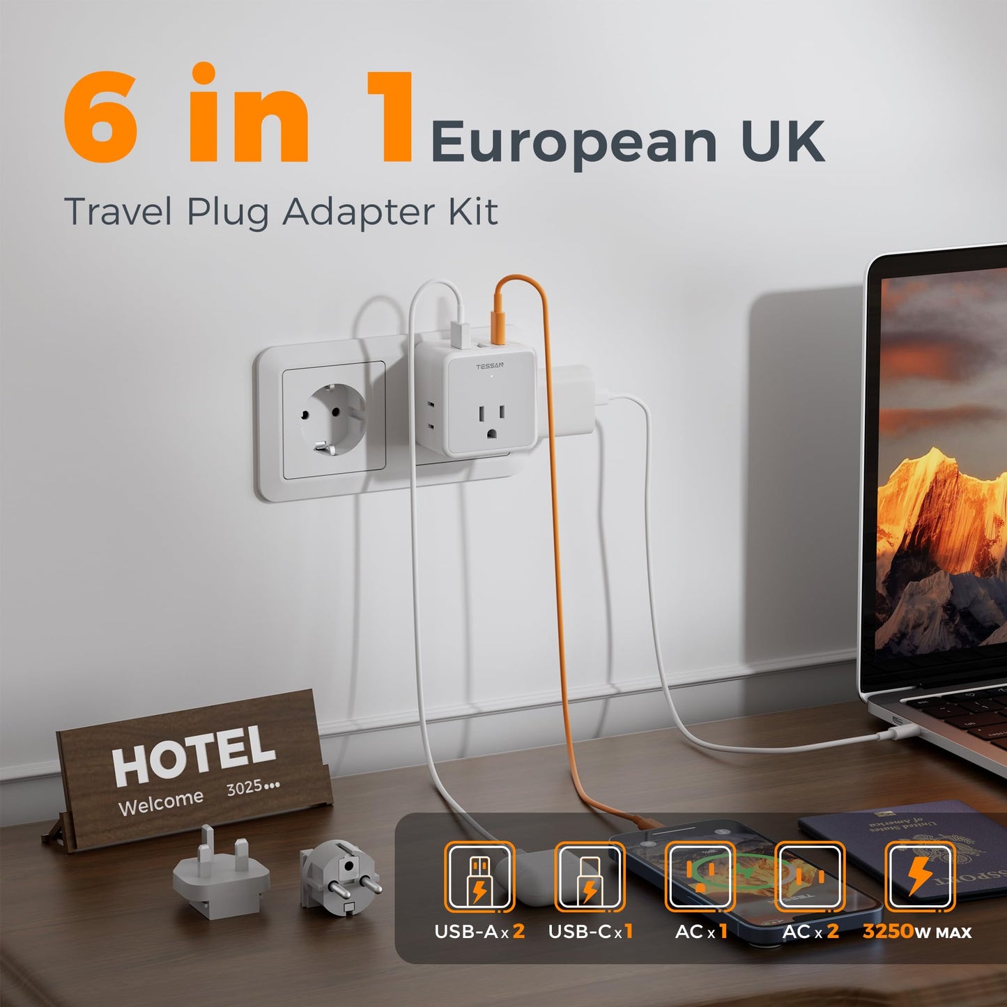 TESSAN All European UK Travel Plug Adapter Kit, International Detachable with 3 Outlet 3 USB Charger (1 USB C), Type C/G/E/F EU Ireland Power Adaptor, US to Europe Italy Spain France Greece