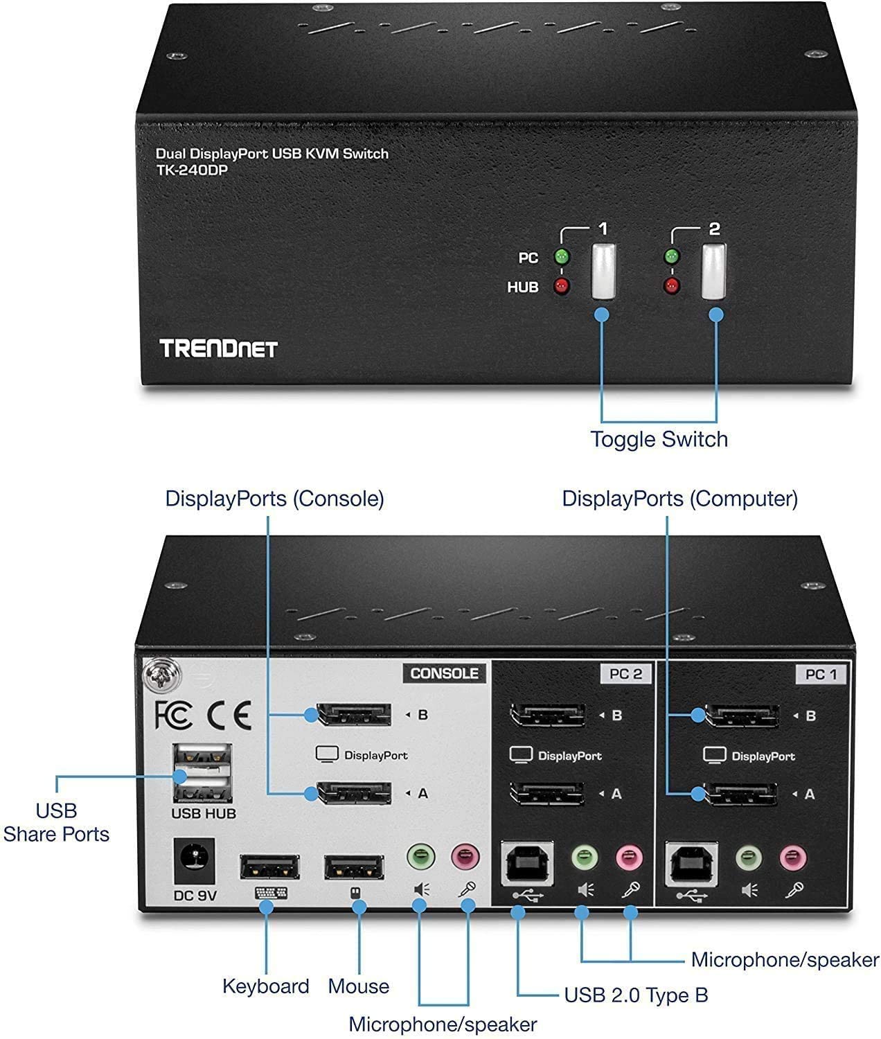TRENDnet 2-Port 4K Dual Monitor DisplayPort KVM Switch with Audio, TK-240DP, 2560 x 1440 @ 144Hz, 2-Port USB 2.0 Hub, Connect Two Monitors, NDAA + TAA Compliant, Black