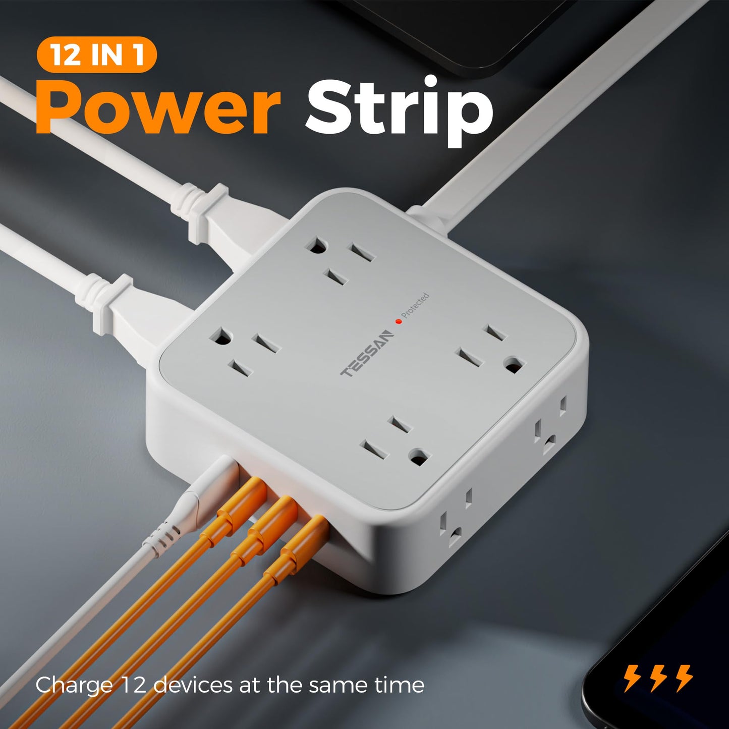 TESSAN Surge Protector Power Strip, 5 Ft Flat Plug Extension Cord with 3 USB (1 USB C) 8 Outlets, 1250W, 900J Protection, 3 Sided Outlet Extender with Power Switch for Office, Dorm Room, Grey