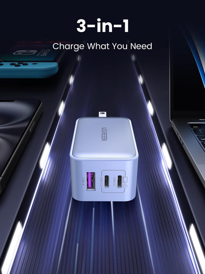 UGREEN Nexode 65W GaN USB C Wall Charger, 3-Port Compact Foldable Fast Charger Power Adapter for iPhone 17/16/15 Series, Galaxy S25/S24, Pixel 10/9, MacBook Pro/Air, Dell XPS, iPad Pro (Black)
