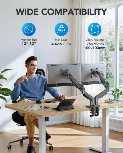 HUANUO FlowLift™ Dual Monitor Stand, Fully Adjustable Gaming Monitor Desk Mount for 13–32″ Computer Screens, Full Motion VESA 75x75/100x100 with C-Clamp & Grommet Base, Each Arm Holds 4.4 to 19.8 lbs