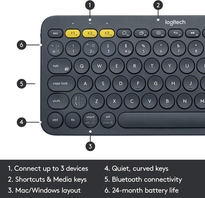 Logitech 920-007558 K380 Multi-Device Bluetooth Keyboard – with FLOW Cross-Computer Control and Easy-Switch up to 3 Devices – Dark Grey