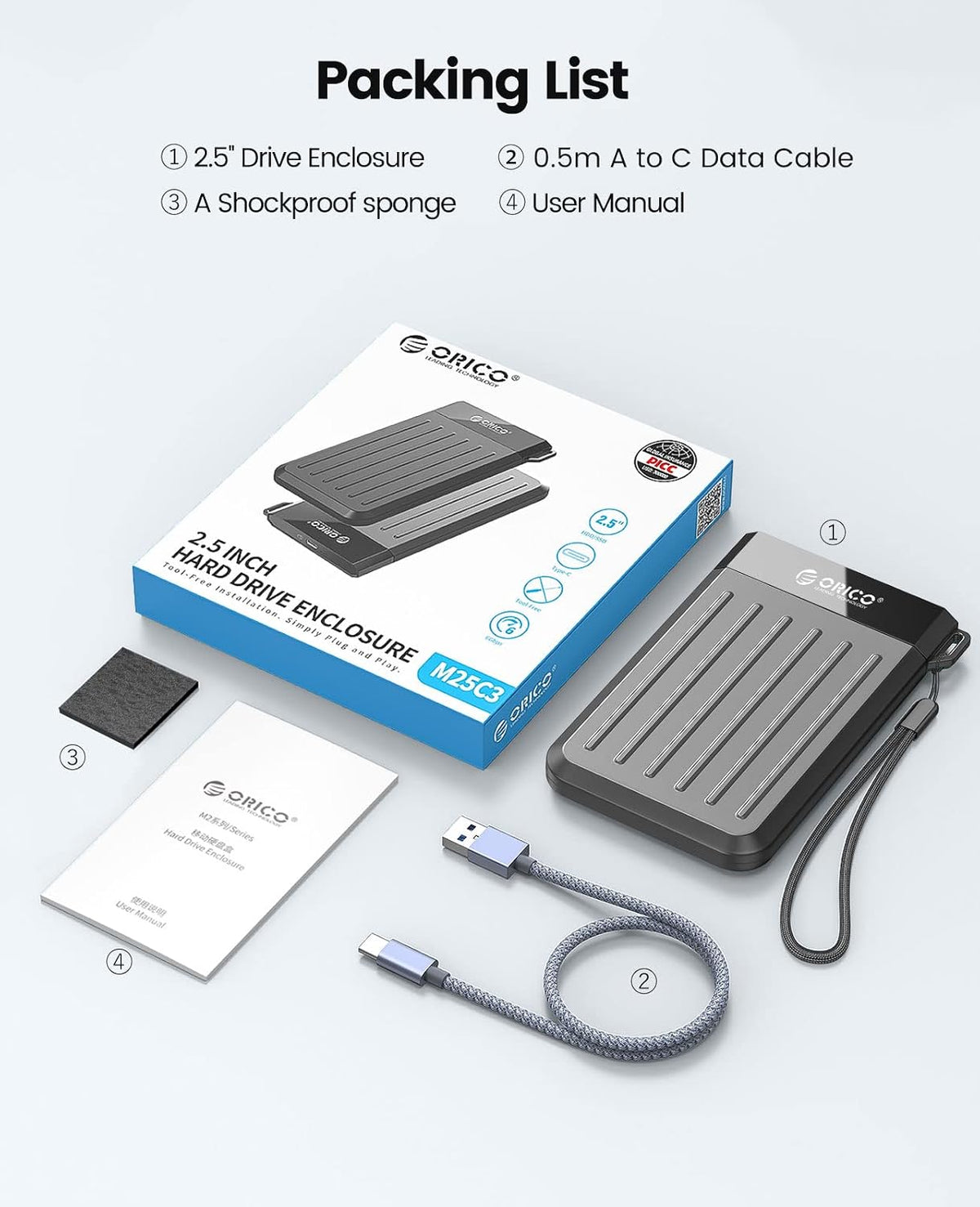 ORICO 2.5'' Hard Drive Enclosure, USB C 3.2 Gen 2 to SATA 3.0 6Gbps HDD Enclosure with Upgraded USB C Cable for WD Seagate Toshiba Samsung SSD HDD on Business Travel,Grey[M25C3]