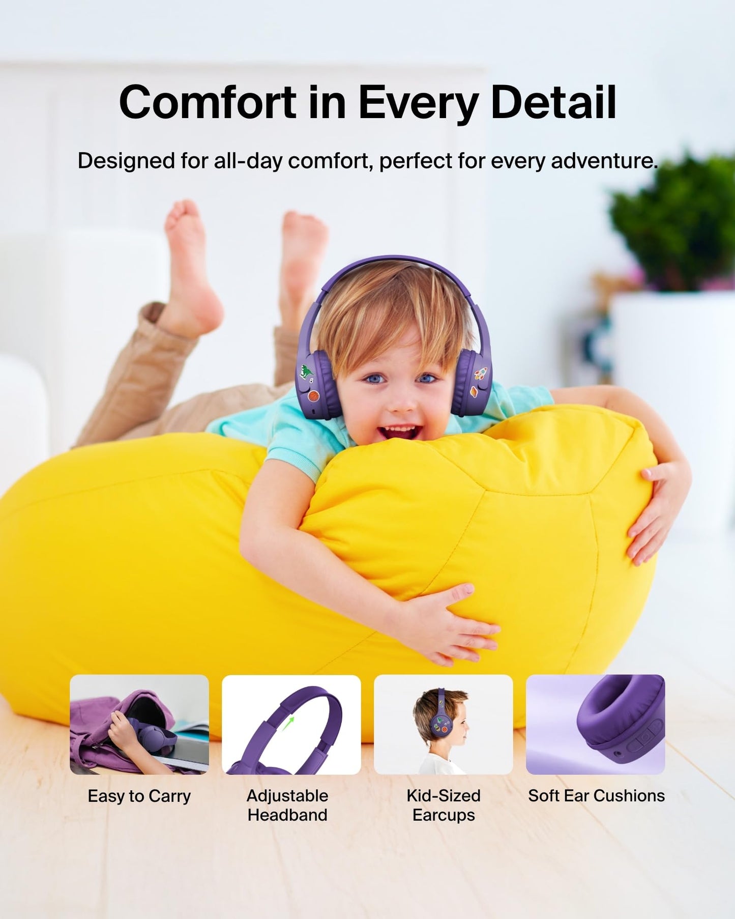 Belkin SoundForm Mini - Wireless Bluetooth Kids Headphones, 30H Battery, 85dB Safe Volume Limit, Built-in Microphone - Toddler On-Ear Earphones for iPhone, iPad - Ideal for School - Blue w/Case