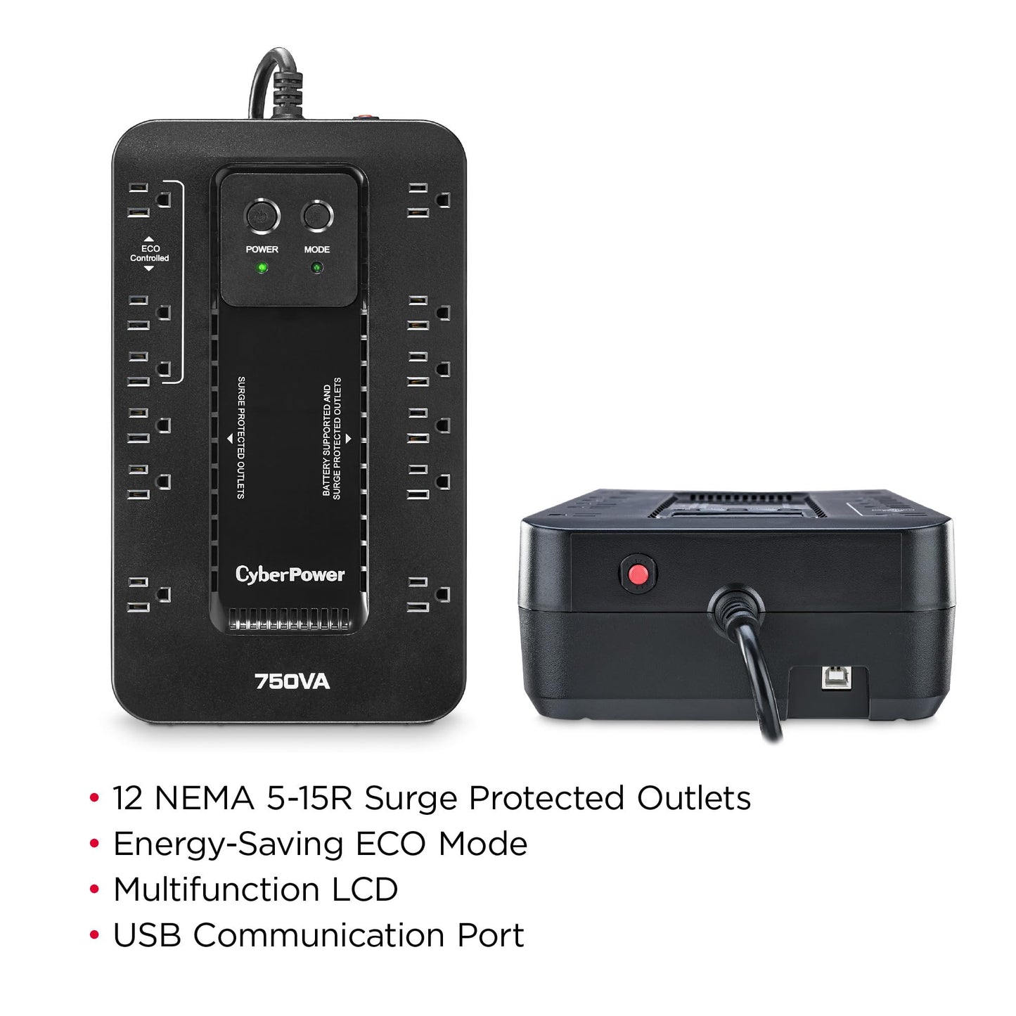 CyberPower EC850LCD Ecologic UPS Battery Backup and Surge Protector, 850VA/510W, 12 Outlets, ECO Mode, Compact, UL Certified