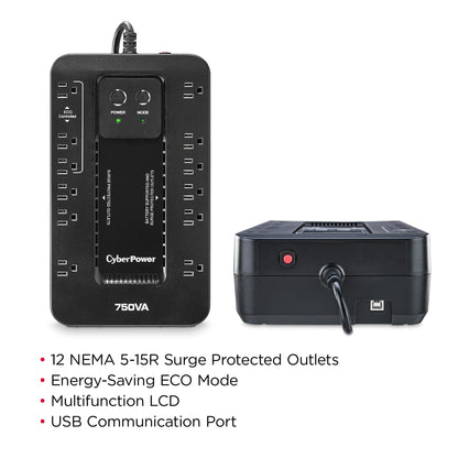 CyberPower EC850LCD Ecologic UPS Battery Backup and Surge Protector, 850VA/510W, 12 Outlets, ECO Mode, Compact, UL Certified