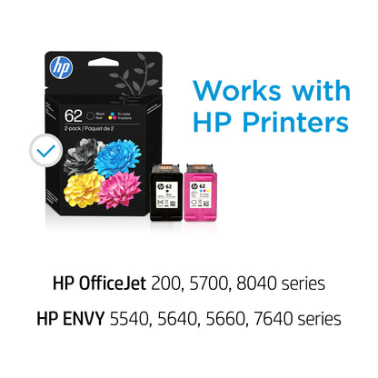HP 62 Black/Tri-Color Ink (2-Pack) | Works with Envy 5540, 5640, 5660, 7640, OfficeJet 5740, 8040, OfficeJet Mobile 200, 250 | Instant Ink Eligible | N9H64FN | Packaging May Vary