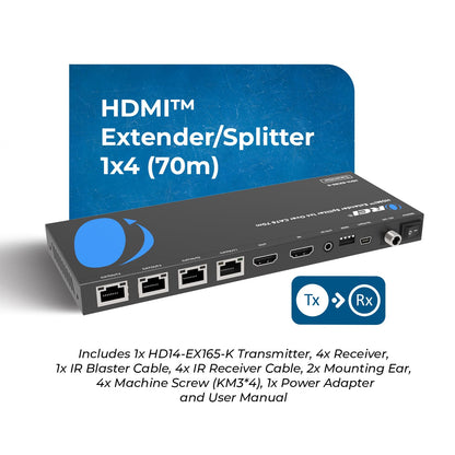 OREI 4K 1x4 HDMI Extender Splitter Over CAT6/7 Ethernet Cable Up to 4K@30Hz upto 165 ft-1080P@60Hz upto 230 ft, IR control, EDID, HDMI Loop Out (HD14-EX165-K)