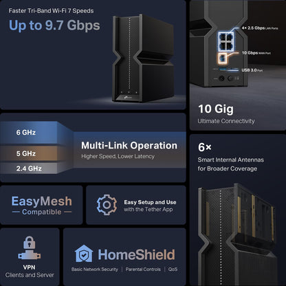TP-Link Tri-Band BE19000 WiFi 7 Router (Archer BE800) | 12-Stream 19 Gbps | 2×10G + 4×2.5G Ports | LED Screen, 8 High-Performance Antennas | VPN, Easy Mesh, HomeShield, Private IoT, Free Expert Help