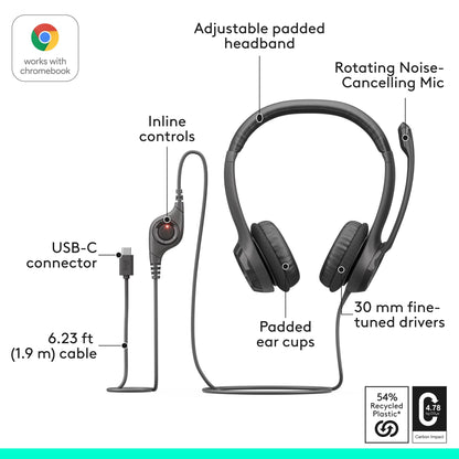 Logitech H390 Wired Headset for PC/Laptop, Stereo Headphones with Noise Cancelling Microphone, USB-A, in-Line Controls, Works with Chromebook - Black