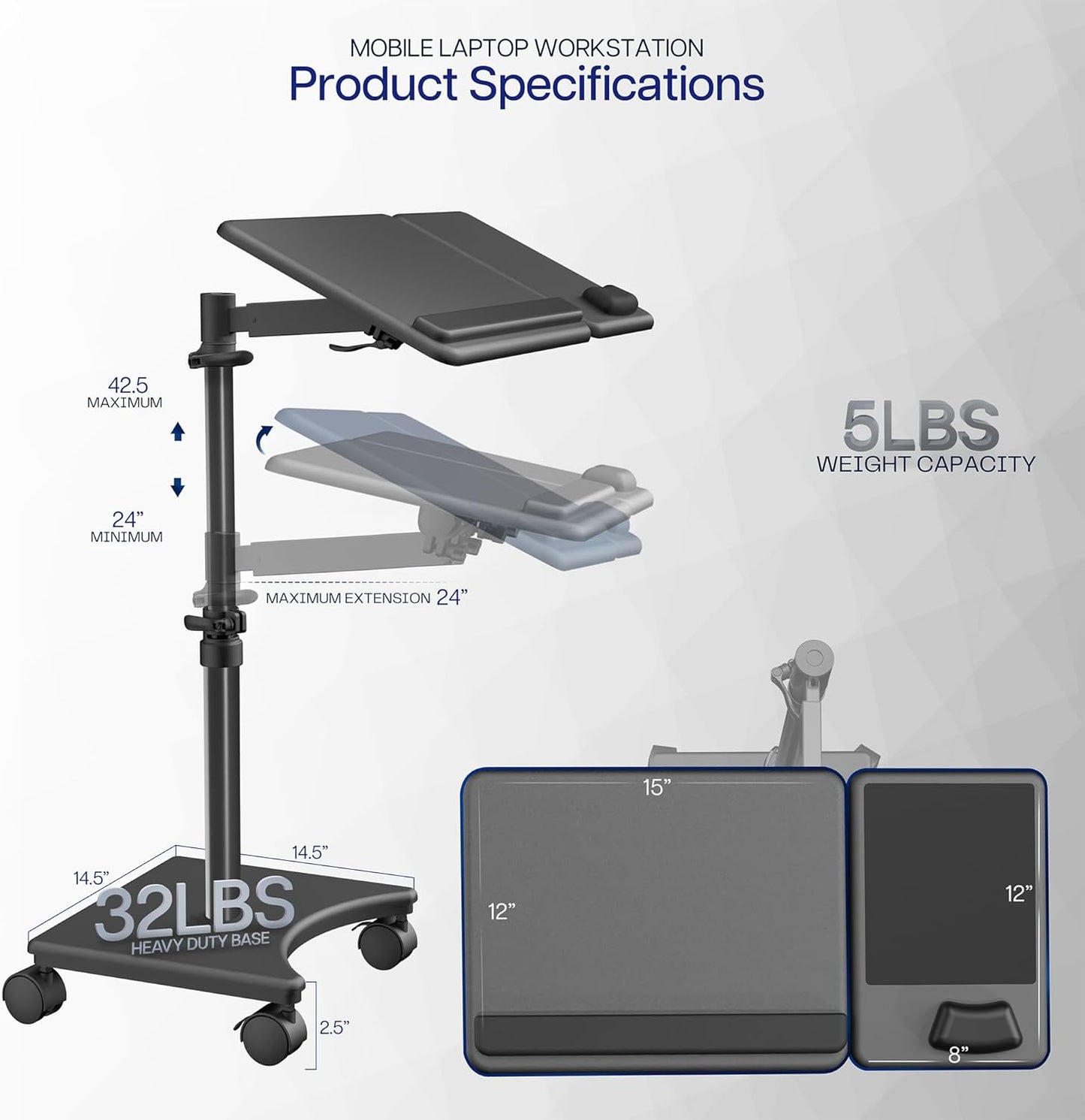 VIVO 15 x 12 inch Laptop Cart with Extension Arm, Over Sofa Rolling Tablet Stand with Adjustable Height and Tilt, Black, CART-H10L