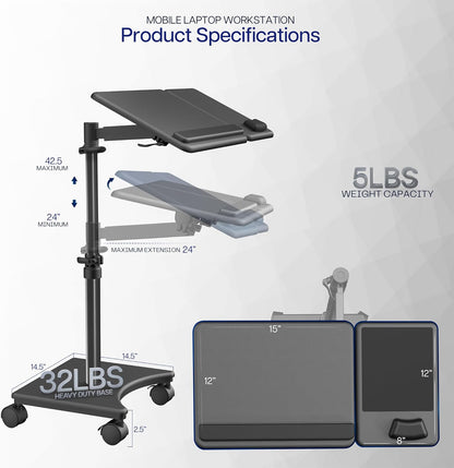 VIVO 15 x 12 inch Laptop Cart with Extension Arm, Over Sofa Rolling Tablet Stand with Adjustable Height and Tilt, Black, CART-H10L