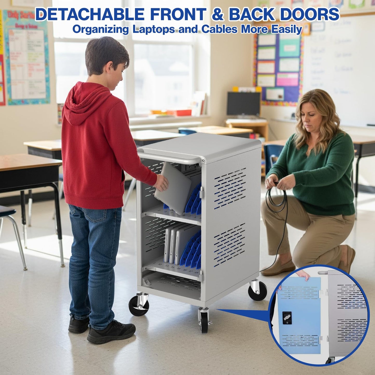 Fully Assembled 20 Devices Laptop Charging Cart - Tablet Storage Cart for Chromebook iPad, Mobile Laptop Charging Station for Classroom Office - Includes Cable Management & Detachable Door, Black