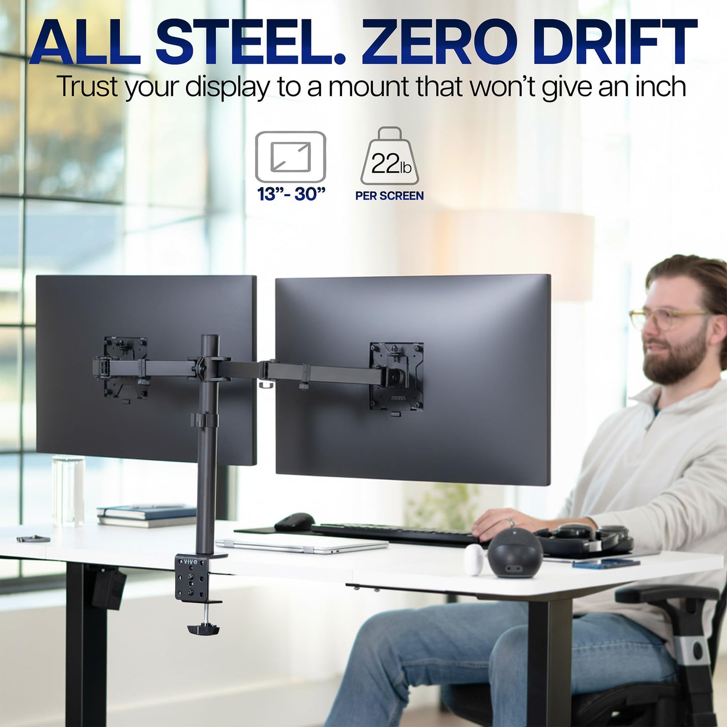 VIVO Dual Monitor Desk Mount, Holds 2 Computer Screens up to 30 inches and 22lbs Each, Heavy Duty Fully Adjustable Steel Stand with C-Clamp and Grommet, Black, STAND-V002