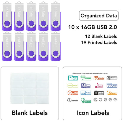 Enfain 16GB USB 2.0 Flash Drive 10 Pack | Swivel Thumb Drives with 31 Labels | Gift-Ready Packaging for Corporate Events, Office & Team Distributions (Black)