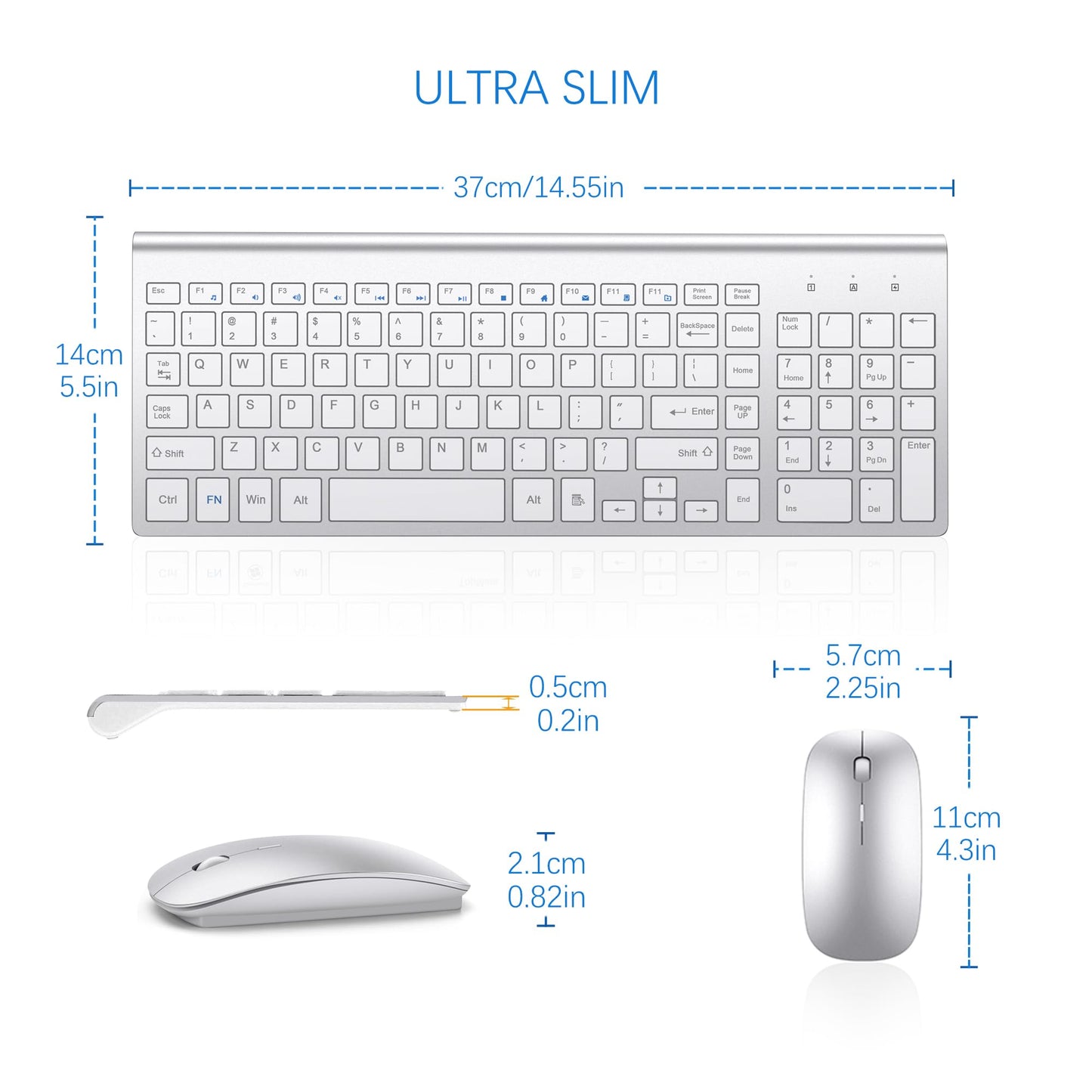 TopMate Wireless Keyboard and Mouse Ultra Slim Combo, 2.4G Silent Compact USB 2400DPI Mouse and Scissor Switch Keyboard Set with Cover, Batteries Included, for PC/Laptop/Windows/Mac - White