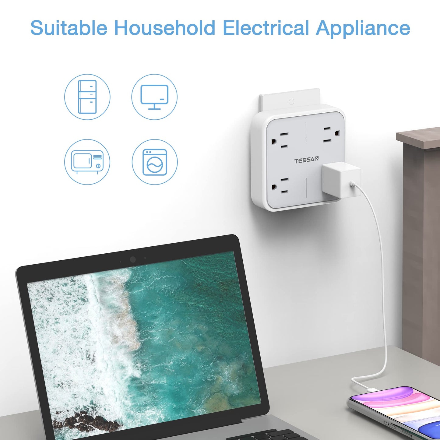 TESSAN Multi Plug Outlet Extender, Surge Protector Splitter with 3 USB (1 USB C Port) Wall Charger, Multiple Expander for Travel, Home, College Dorm Room