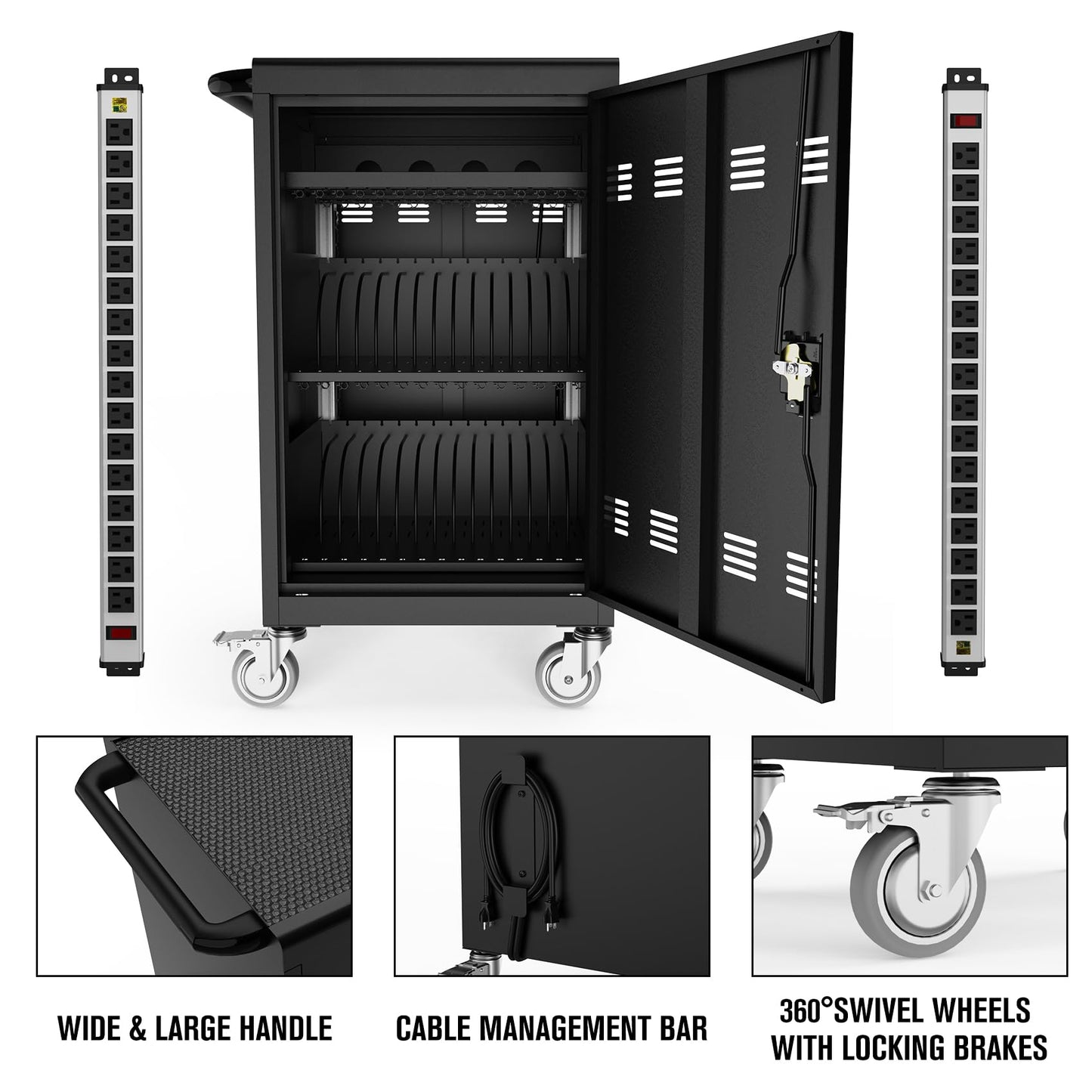 30 Device Mobile Laptop Charging Cart for Laptop Computers Chromebook Fast Charging & Secure Storage (16.3in Screen Size), Ideal for School, Library, Hospital - Black