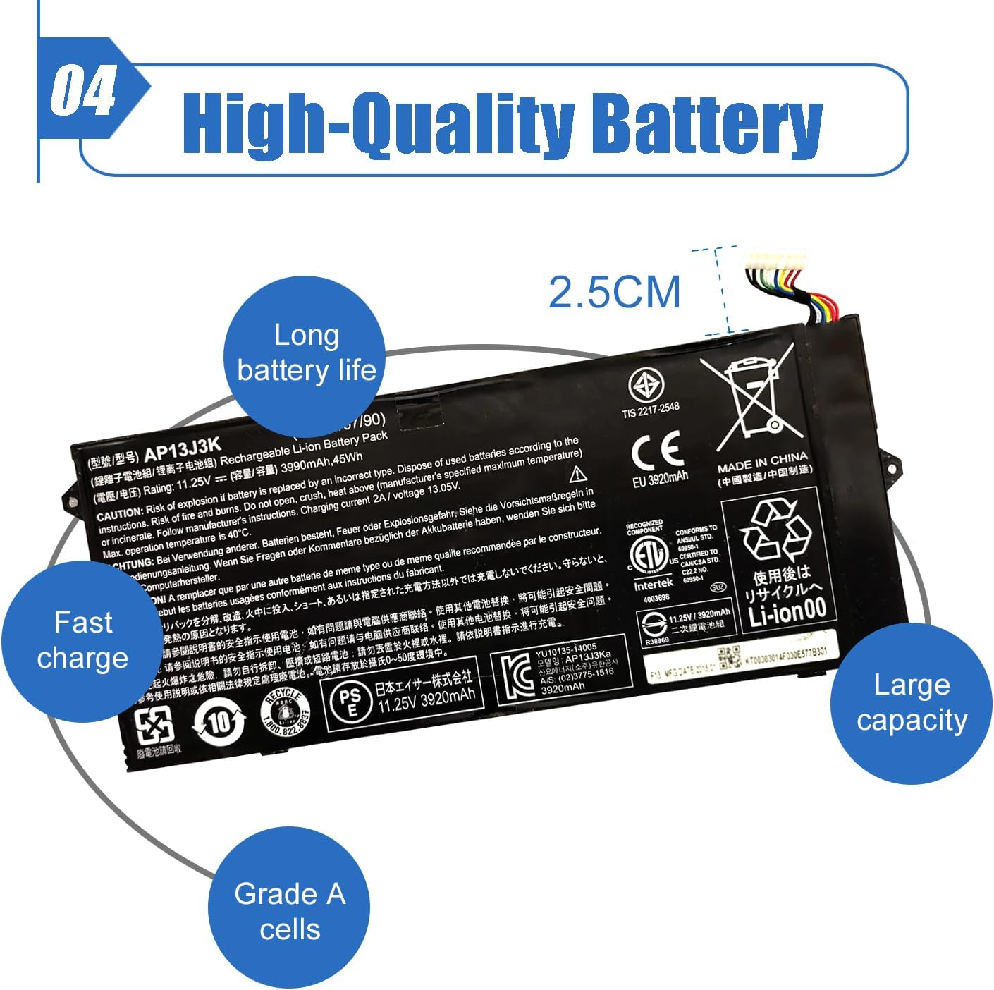 AP13J3K AP13J4K 45Wh Laptop Battery Compatible with Acer Chromebook 11.6" 11 C720 C720P C740 Series Notebook KT.00304.001 KT.00303.001 CB3-431-C5EX 11.4V 3920mAh (2.5cm Short Cable)