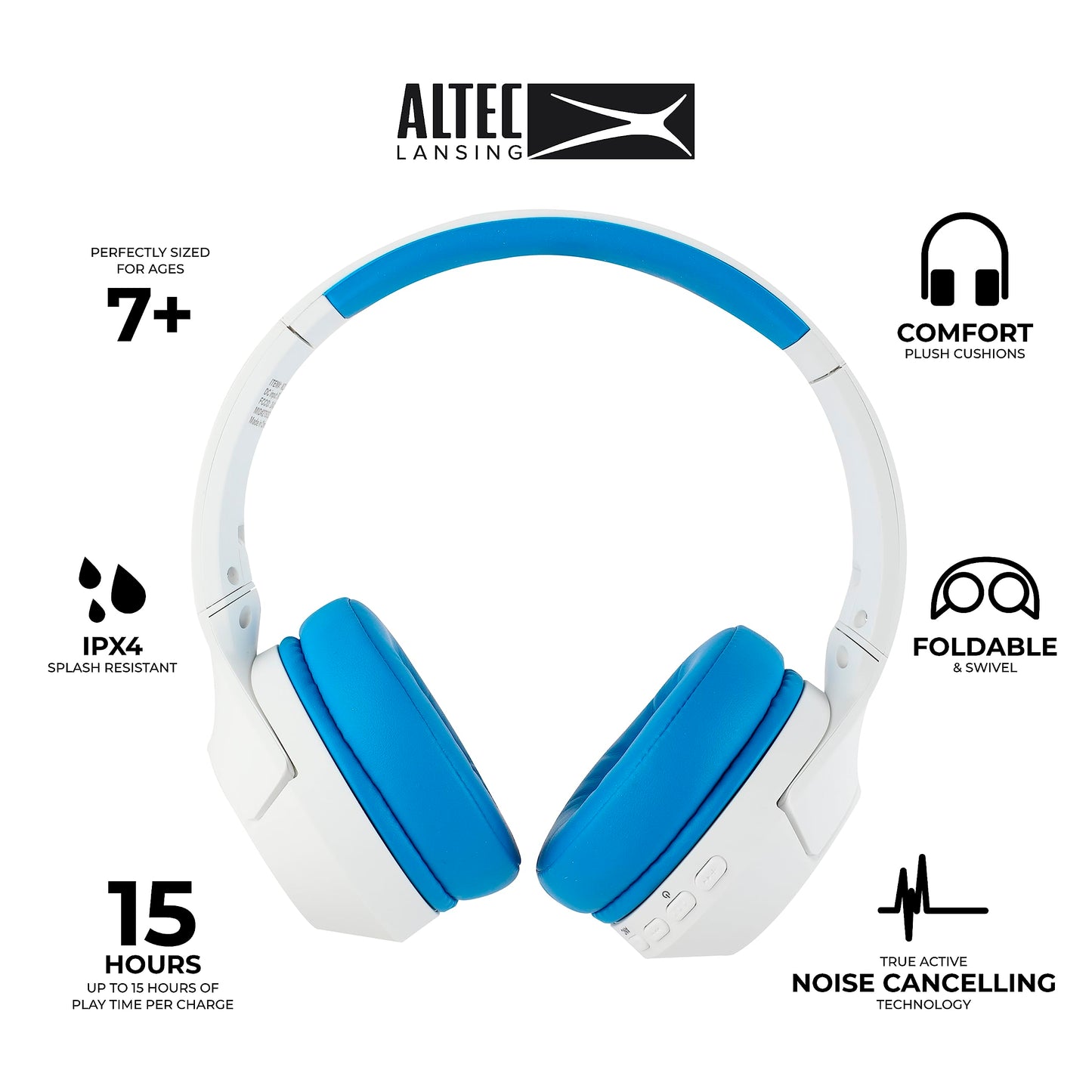 Altec Lansing Kid Safe Noise Cancelling Wireless Headphones 15H Battery, 85dB Volume Limit, Foldable Design Powerful Sound, Active Noise Cancellation Perfect for Kids Ages 7+ (Whiteout Pop Pink)