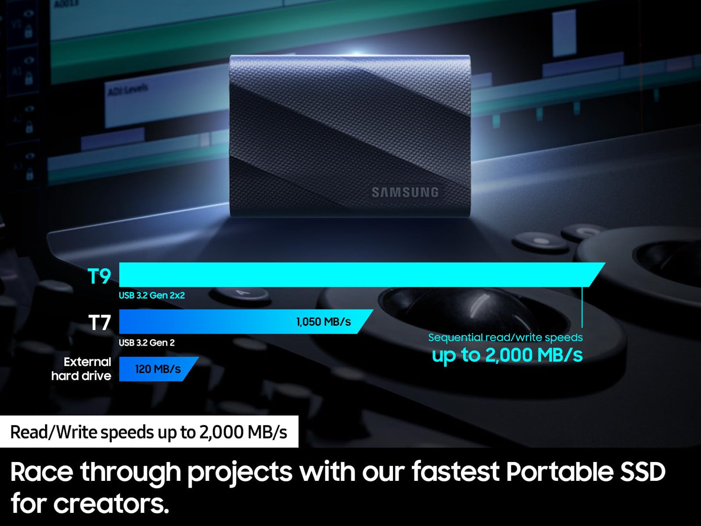Samsung T9 Portable SSD 2TB, USB 3.2 Gen 2x2 External Solid State Drive, Seq. Read Speeds Up to 2,000MB/s for Gaming, Students and Professionals, MU-PG2T0B/AM, Black