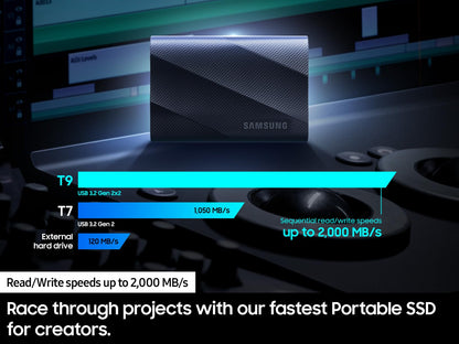 Samsung T9 Portable SSD 2TB, USB 3.2 Gen 2x2 External Solid State Drive, Seq. Read Speeds Up to 2,000MB/s for Gaming, Students and Professionals, MU-PG2T0B/AM, Black