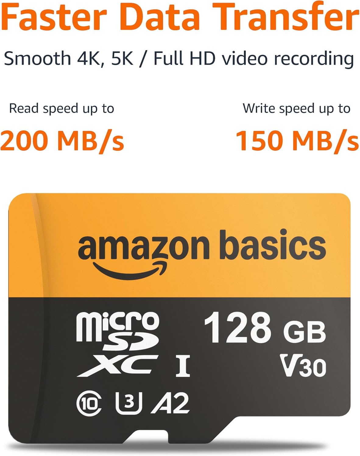 Amazon Basics 128GB microSDXC Memory Card with Adapter for Smartphones, Drones, Cameras, Full HD, Read Speed Up to 200MB/s, 1-Pack