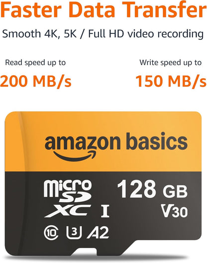 Amazon Basics 128GB microSDXC Memory Card with Adapter for Smartphones, Drones, Cameras, Full HD, Read Speed Up to 200MB/s, 1-Pack