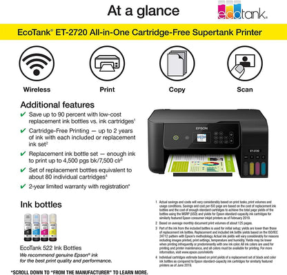 Epson EcoTank All-in-One Wireless Color Inkjet Printer with Scanner and Copier - Print Scan Copy - Black-Bundle with Ahaghug Printer Cable。