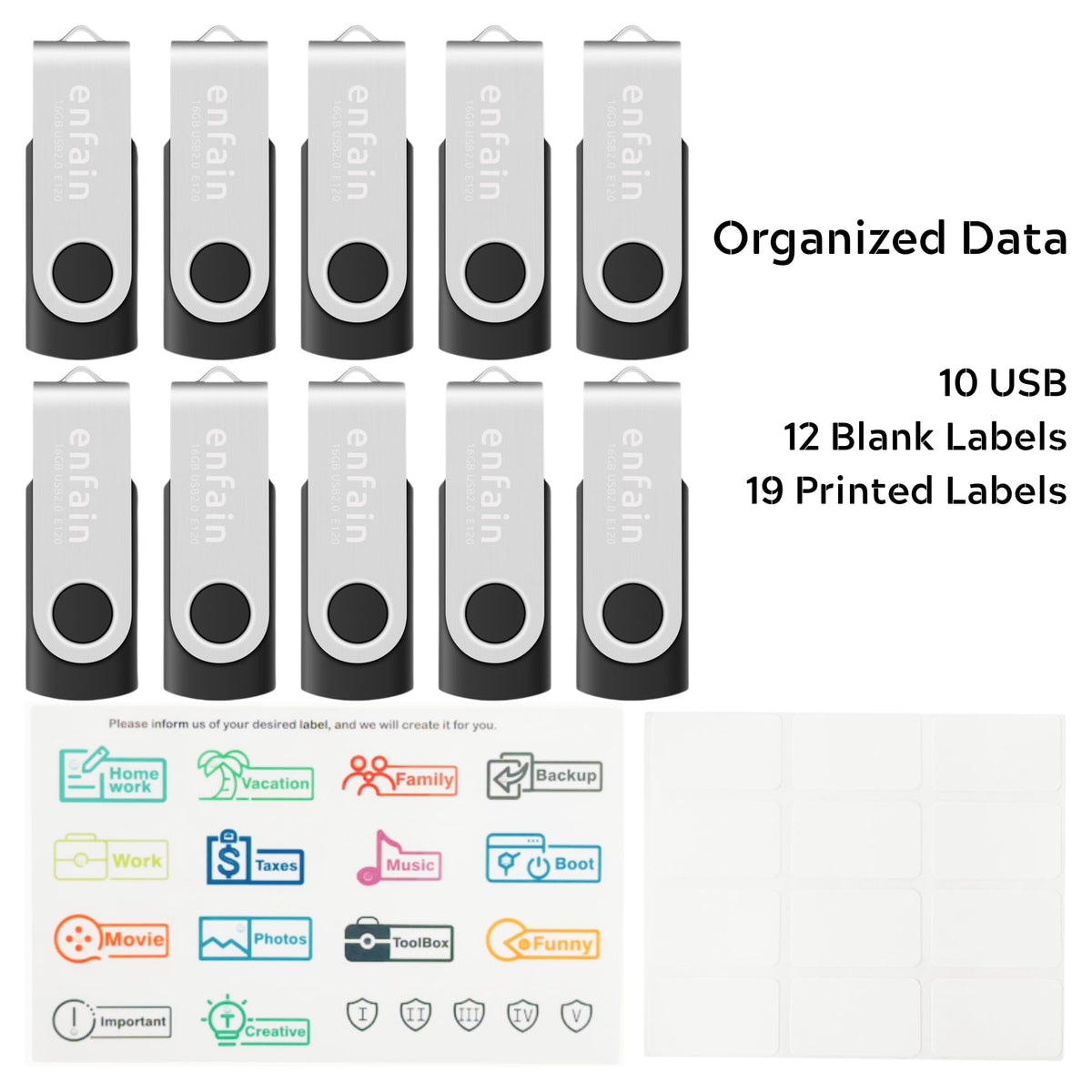 Enfain 16GB USB 2.0 Flash Drive 10 Pack | Swivel Thumb Drives with 31 Labels | Gift-Ready Packaging for Corporate Events, Office & Team Distributions (Black)