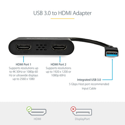 StarTech USB-A 3.0 to Dual HDMI Adapter for Windows, Dual Monitor USB to 2x HDMI Display Converter, 4K 30Hz + 1080p 60Hz, Extend or Mirror Multi-Screen Setup