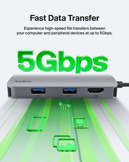 Belkin USB C Hub, 4-in-1 Multi-Port Laptop Dock with 4K HDMI, USB C Docking Station with 100 Watt Pass-Through Power Delivery, 2 X USB A Ports For MacBook Pro, Air, iPad Pro, Chromebook and More