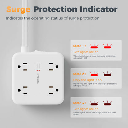 TESSAN Dual Surge Protector Power Strip, 5 Ft Extension Cord Flat Wall Plug with 4 USB (2 USB C) 8 Outlets, 2100J Surge Protection, 20W Multiple Charging Station for Home, Office, College, Dorm, Grey