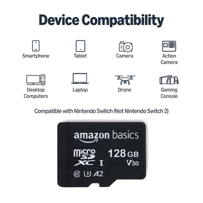 Amazon Basics microSDXC Memory Card with Full Size Adapter, A2, U3, Read Speed up to 100 MB/s, 64GB, Black (2pack)