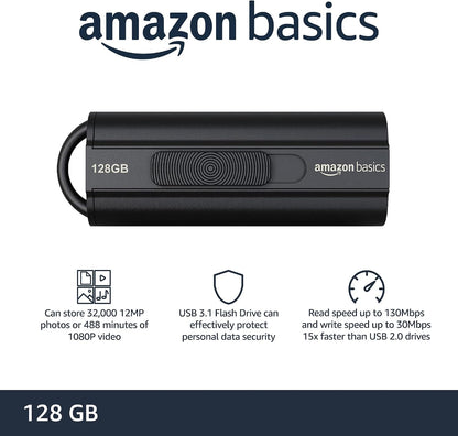 Amazon Basics 128 GB Ultra Fast USB 3.1 Flash Drive, Retractable, High-Speed Data Transfer Storage Device, Black