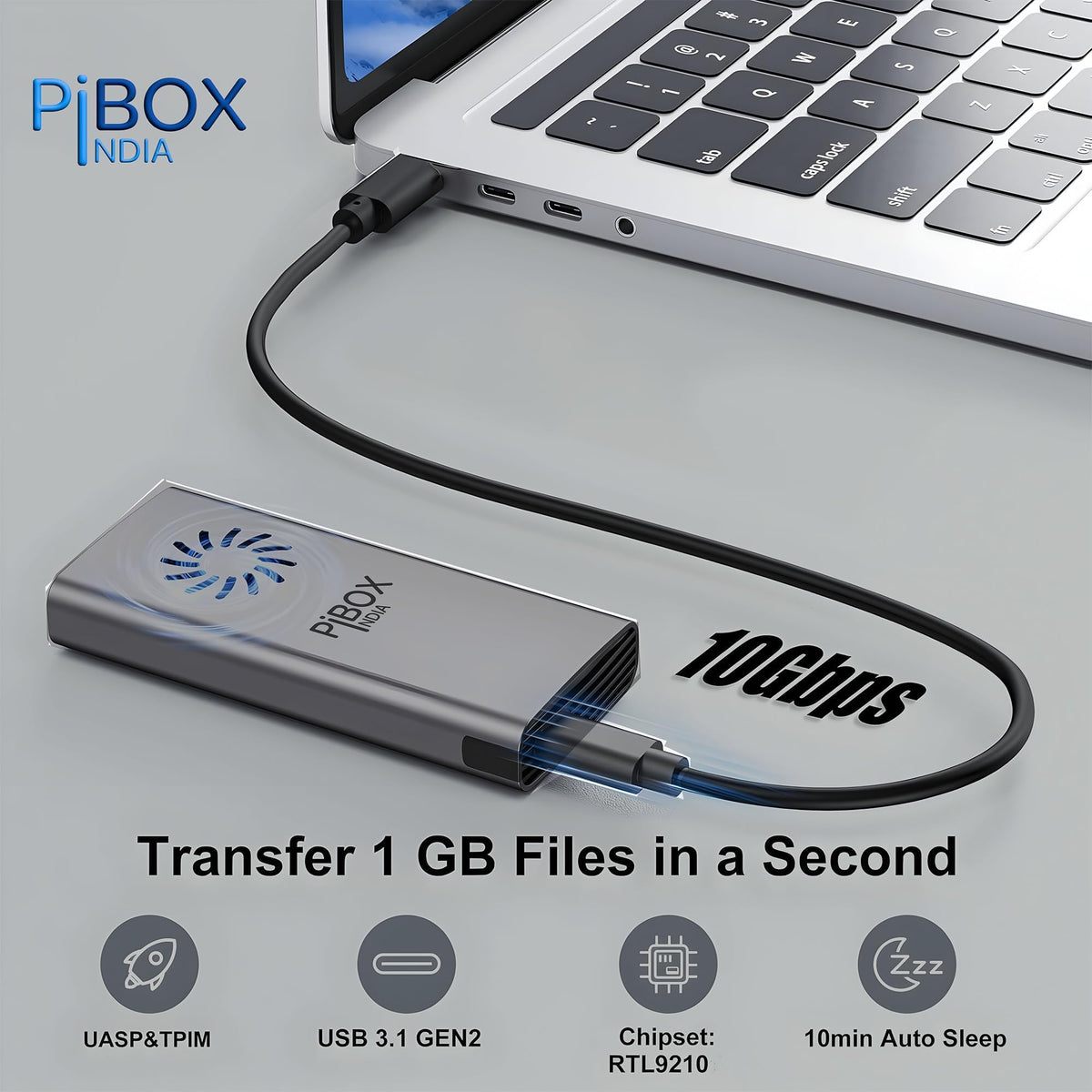 PiBOX India NVMe M2 Enclosure - Dual Protocol USB 3.2 Tool-Free Case, PCI-E Reader, USB-C, M & B+M Keys, 2230/2242/2260/2280 SSDs