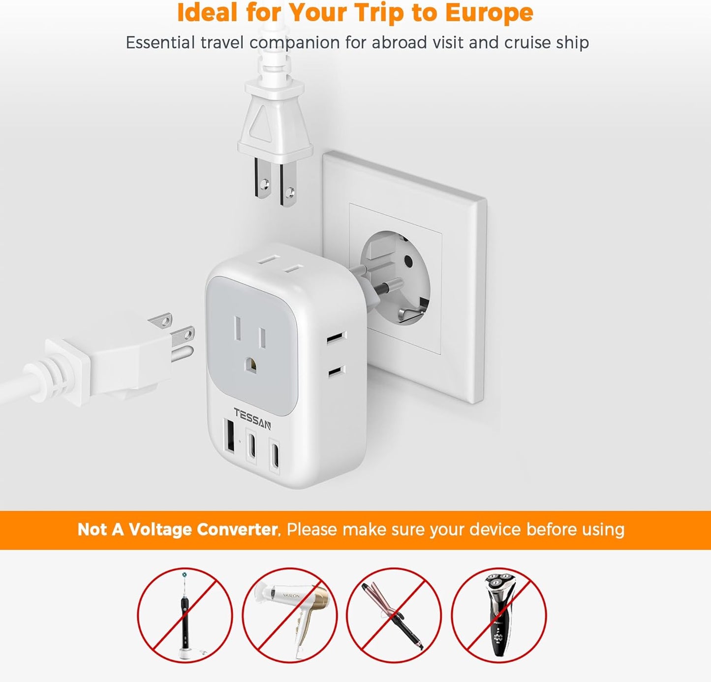 TESSAN European Travel Plug Adapter USB C, Type C Power Adaptor with 4 AC Outlets for USA to EU Italy Iceland Spain France Greece Germany