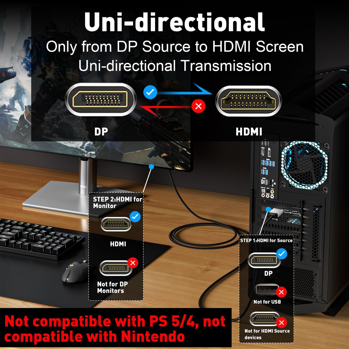 UANTIN 4K DisplayPort to HDMI Cable 6Ft, Uni-Directional Only, DP 1.2 (Source) to HDMI 1.4 (Display), 4K@30Hz, 2K@60Hz, Display Port Braided Cord for AMD, NVIDIA, Dell, Monitor
