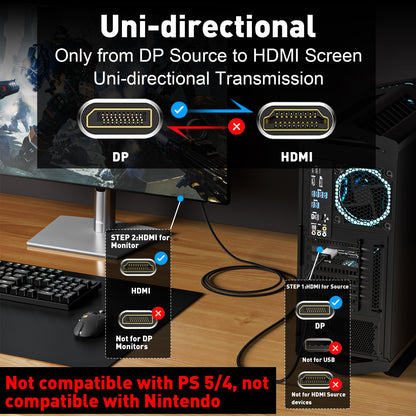 UANTIN 4K DisplayPort to HDMI Cable 6Ft, Uni-Directional Only, DP 1.2 (Source) to HDMI 1.4 (Display), 4K@30Hz, 2K@60Hz, Display Port Braided Cord for AMD, NVIDIA, Dell, Monitor