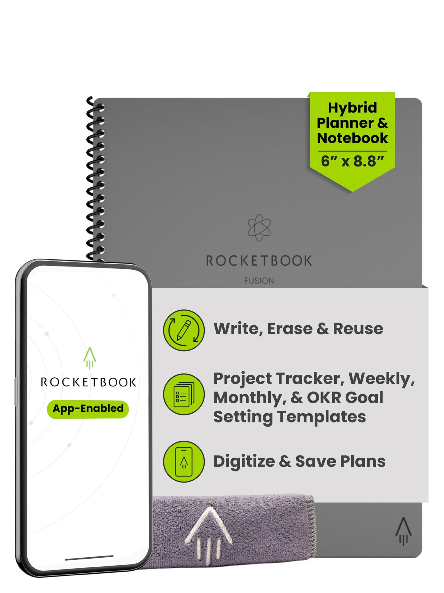 Rocketbook Fusion Hybrid Reusable Planner and Notebook in One, Additional Blank Pages, Goal and Project Tracker, Undated Planner, Letter Size 8.5x11, Black (Pack of 1)