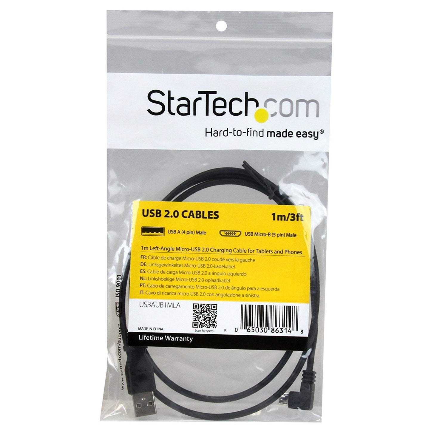 StarTech.com 1m Micro USB Cable Cord - A to Up Angle Micro B - Up Angled Micro USB Cable - 1x USB A (M), 1x USB Micro B (M) - Black (USBAUB1MU)