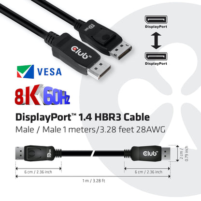Club3D CAC-2068 VESA Certified DisplayPort to DisplayPort 1.4/Hbr3 M/M Cable DP 1.4 8K 60Hz 2m - 6,56ft