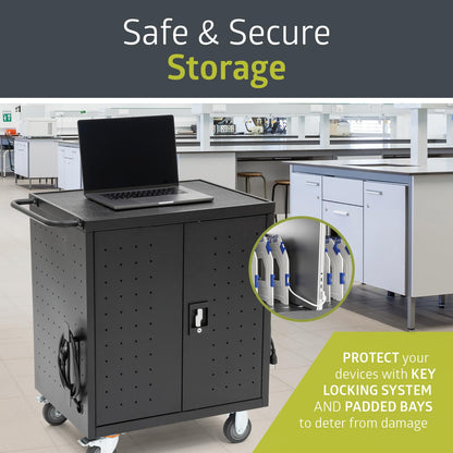 Pearington 32 Device Mobile Charging and Storage Cart for iPads, Chromebooks and Laptop Computers, Up to 13-inch Screen Size, Surge Protection, Front & Back Access Locking Cabinet
