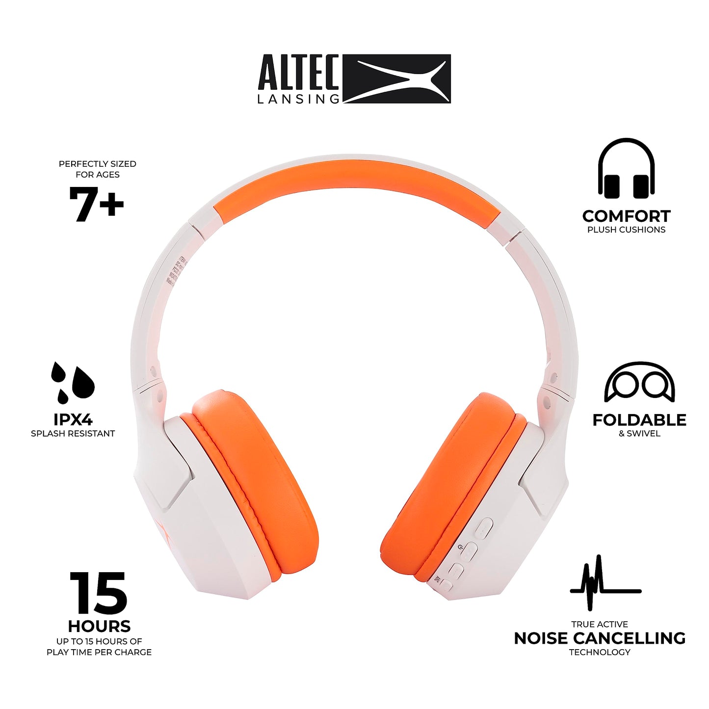 Altec Lansing Kid Safe Noise Cancelling Wireless Headphones 15H Battery, 85dB Volume Limit, Foldable Design Powerful Sound, Active Noise Cancellation Perfect for Kids Ages 7+ (Whiteout Pop Pink)